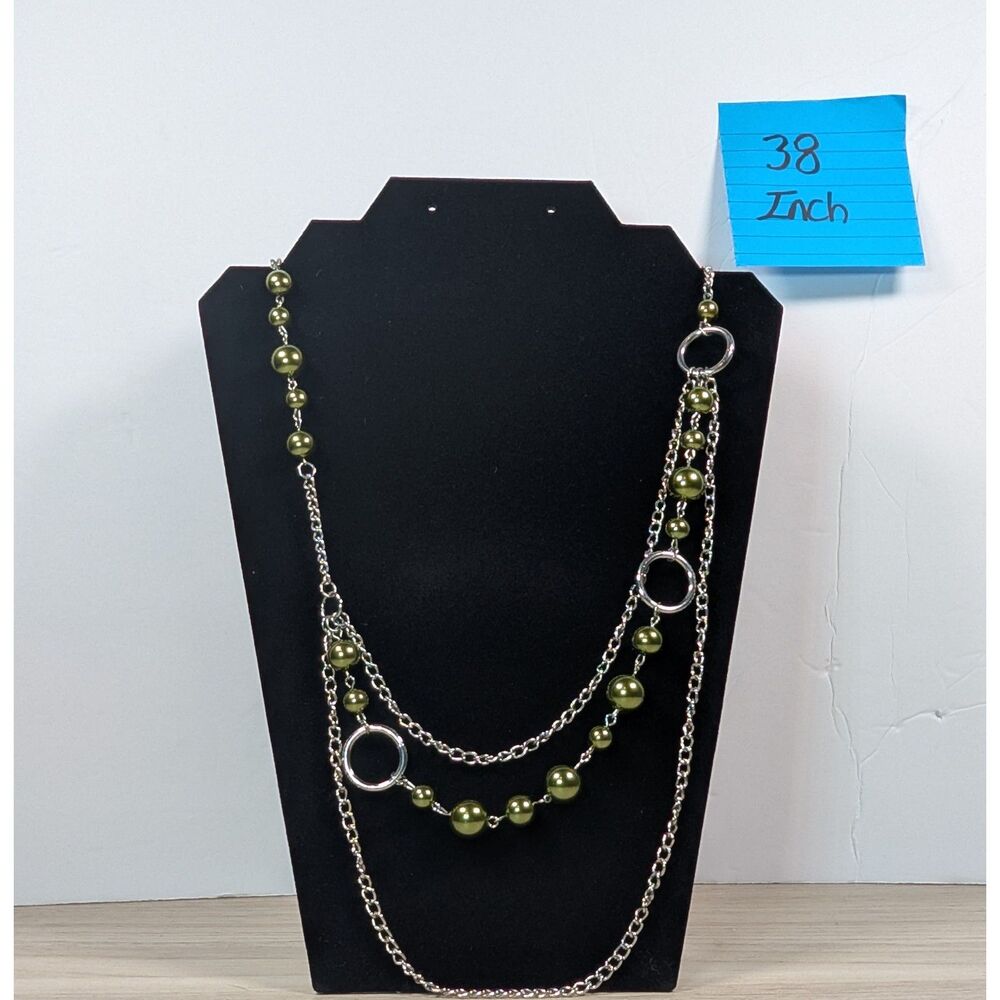 Long Layered Necklace Green Beads Silver Chain Multi Strand 38”